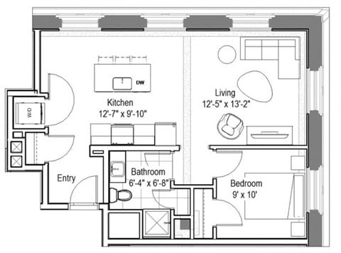 Floor plan for 1 bed, 1 bath, 619 sqft